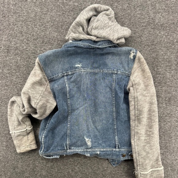 Free People Hooded Denim Jacket Blue Distressed Mixed Media Knit Sleeves Large - Picture 7 of 10